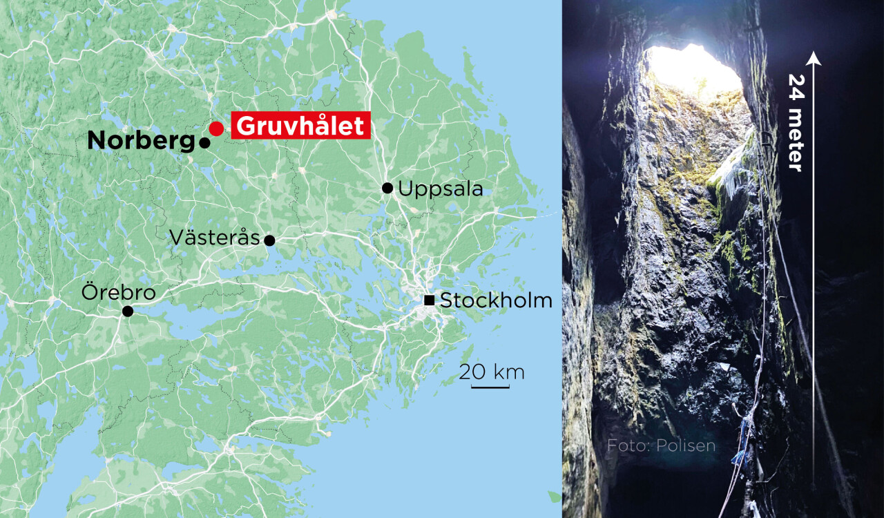 Webbkarta och bild tagen från en brandman som befann sig nere i gruvhålet vid räddningsinsatsen för att få upp kvinnan.