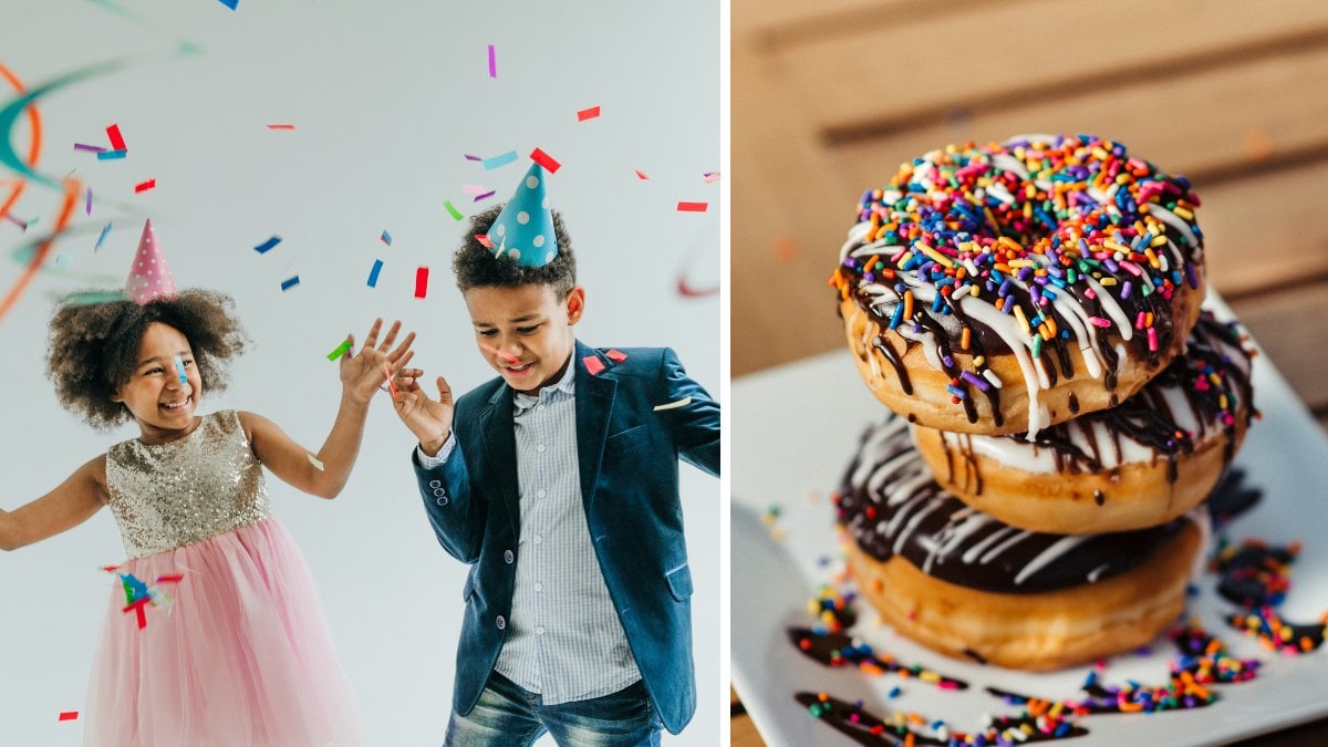 Barn som firar nyår och donuts med strössel 